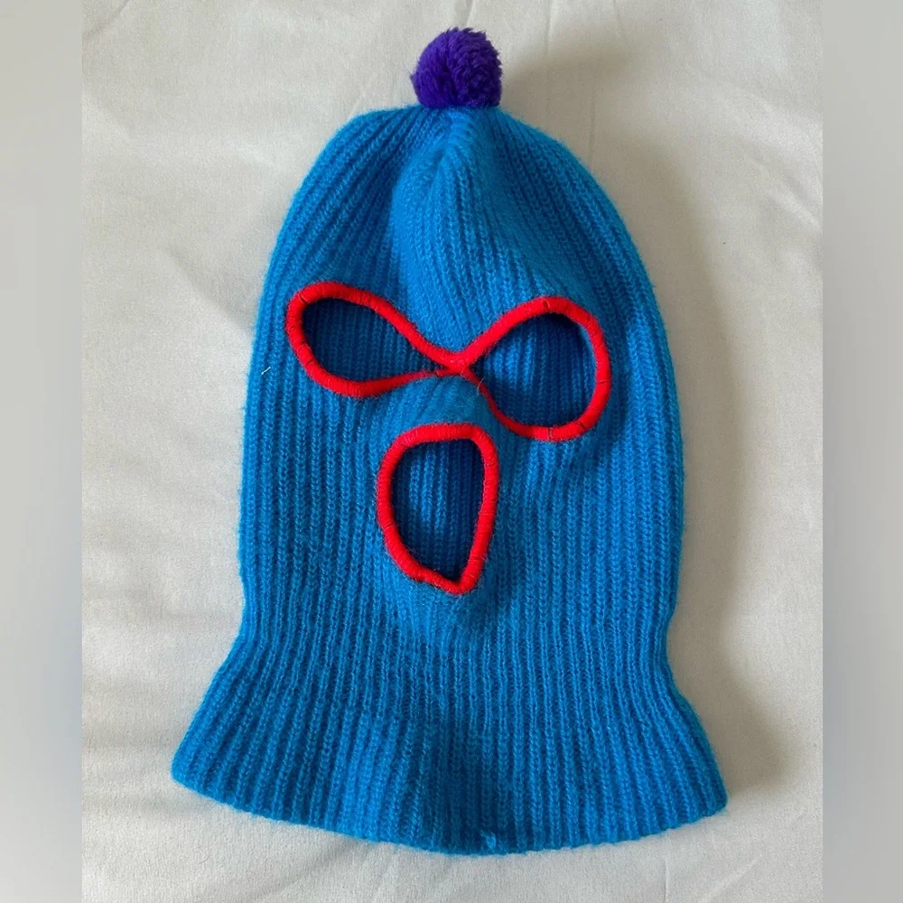 Vintage Blue Knit Mask with Red Trim